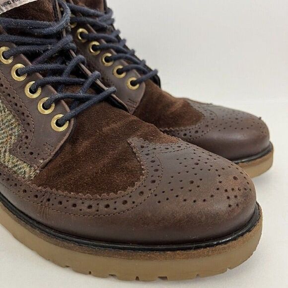 Fred Perry Northgate Brown Leather/Suede Harris Tweed Boots Mens US 7.5 Wingtip - Picture 7 of 12